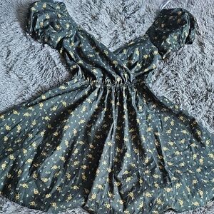Lulu's Dark Green Backless Dress with Yellow Floral Pattern